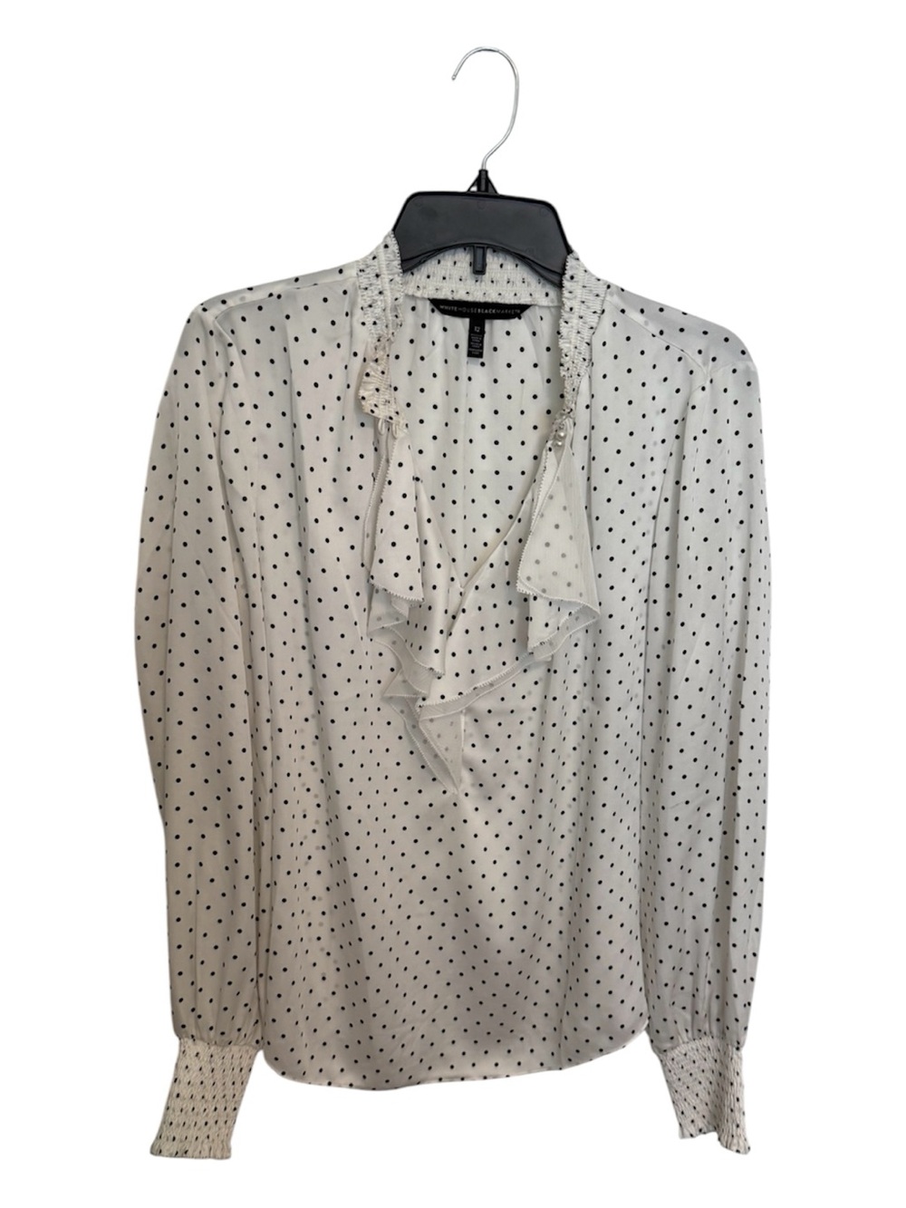 White House Black Market White Polka Dot Ruffle V-Neck Blouse